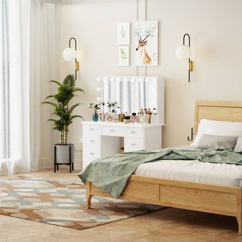 Makeup Vanity Desk with Lights and Mirror, White Vanity Table with 9 Drawers, Hollywood Lighted Vanity Desk Dressing Table