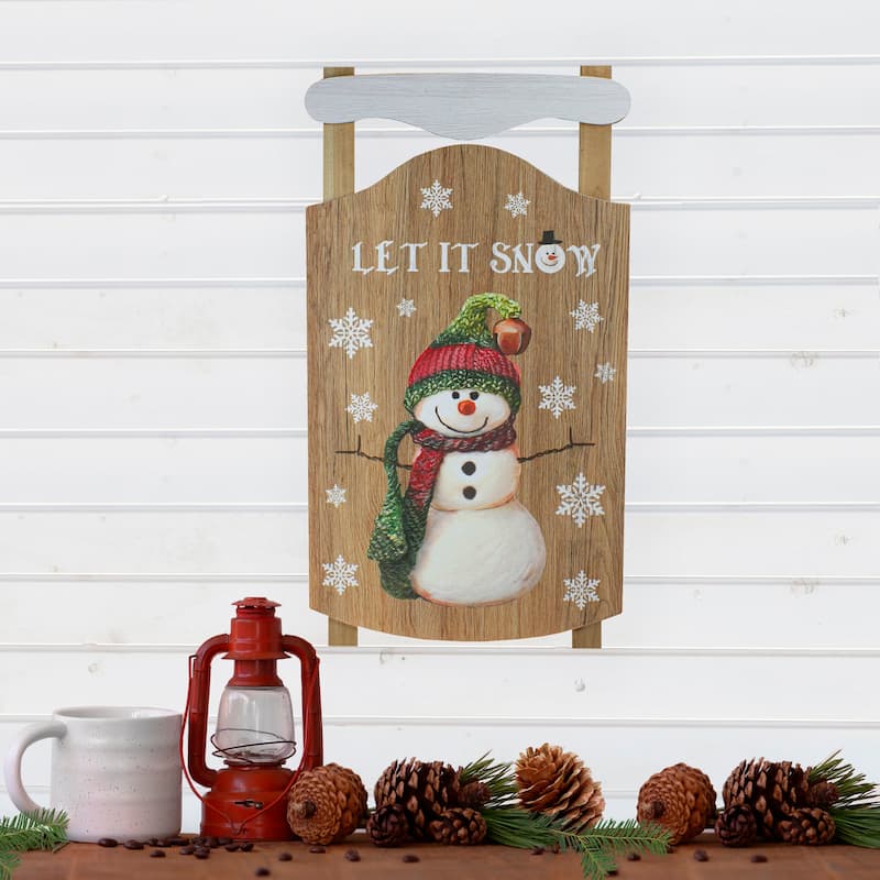 24" Let It Snow Wooden Sled Snowman and Snowflakes Wall Sign
