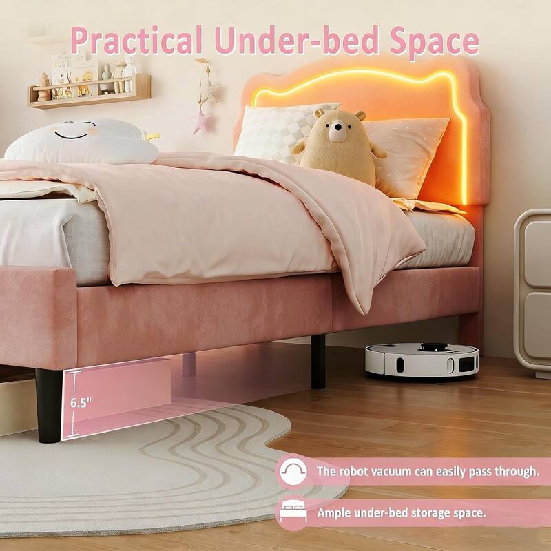 Twin Size Upholstered LED Platform Bed Frame with Bear-Shaped Headboard for Kids