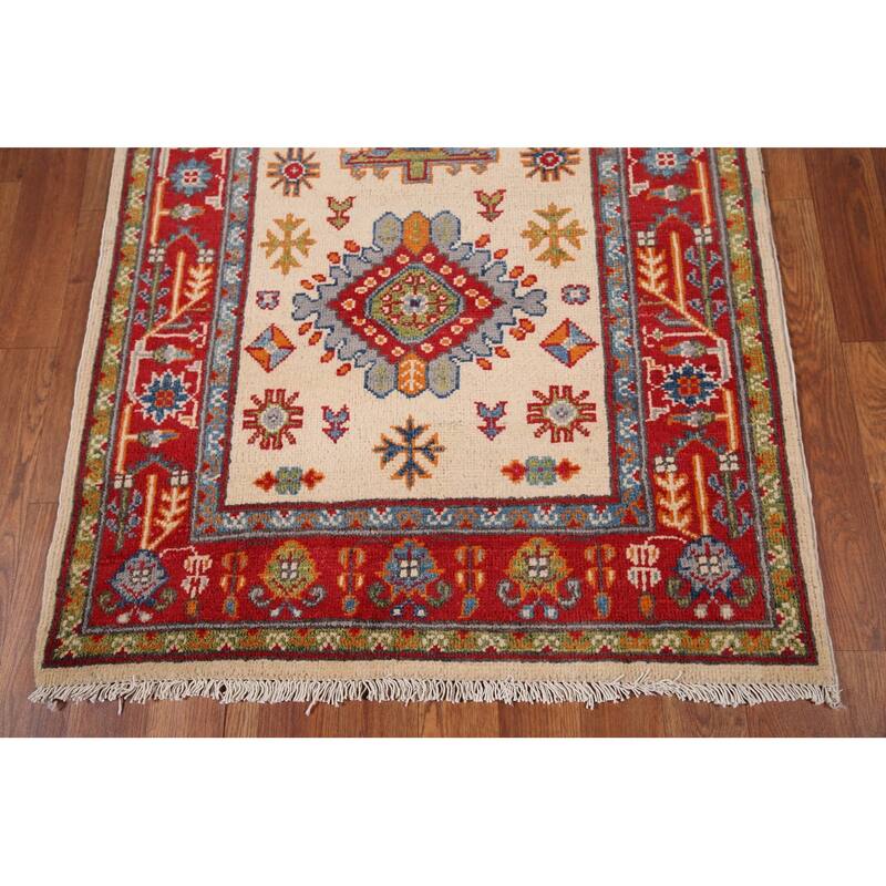 Geometric Beige Kazak Oriental Runner Rug Handmade Wool Carpet - 2'9" x 12'10"