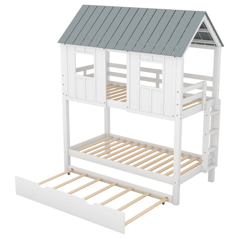 Roomfitters Twin Over Twin House Bunk Bed with Trundle, Roof and Windows, White and Gray