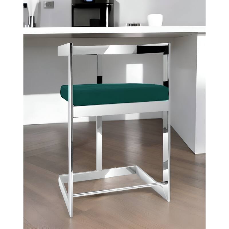 26" Green And Silver Velvet And Stainless Steel Low Back Counter Height Bar Chair - Green