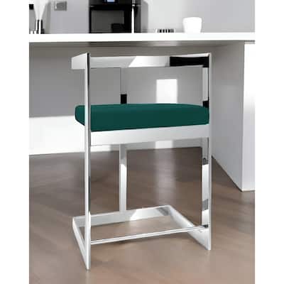 26" Green And Silver Velvet And Stainless Steel Low Back Counter Height Bar Chair