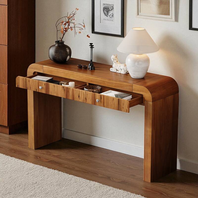 54.3" Rustic Console Table with Fluted Drawer, Curved Corners & Thick Legs, Entryway or Hallway Accent Table