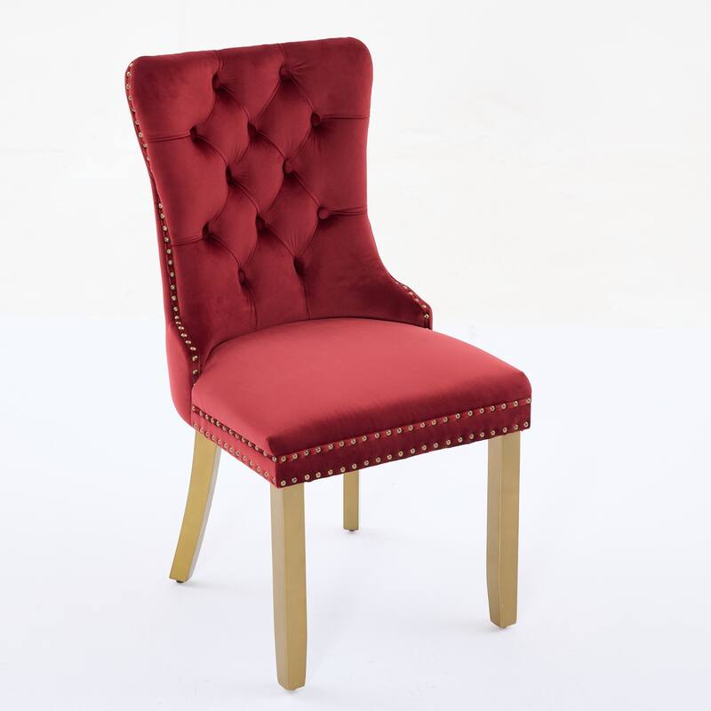 Velvet Dining Chairs Set of 2, Tufted Dining Chairs with Nailhead Trim, Kitchen Chairs with Lion Head Pulls Ring & Wooden Legs