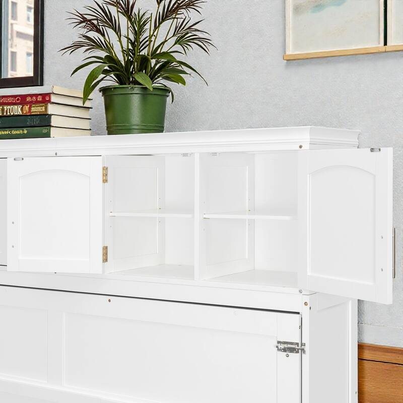 Queen Murphy Bed with Upper Cabinets and Wine Rack, Space-Saving Foldable Wall Bed with Slats