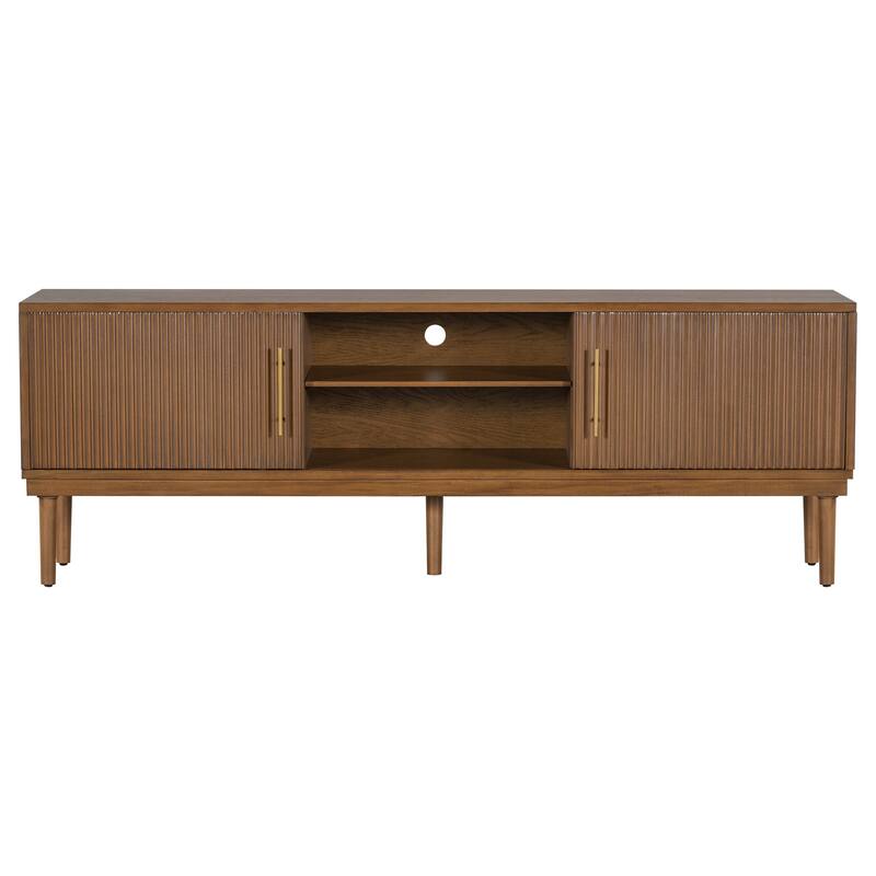 74.9"Modern TV Stand with Vertical Striped Sliding Doors - Space-Saving Media Console with Stylish Storage