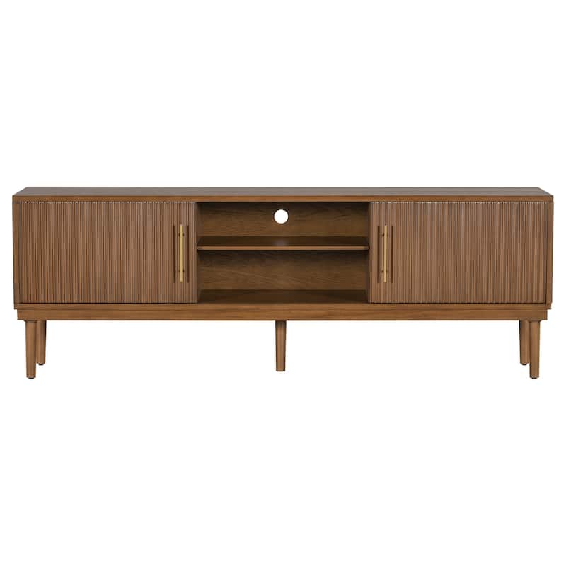 74.90" Wood TV Stand, Sliding Doors Media Cabinet with Gold Metal Handle, Media Console Table with Solid Wood Legs
