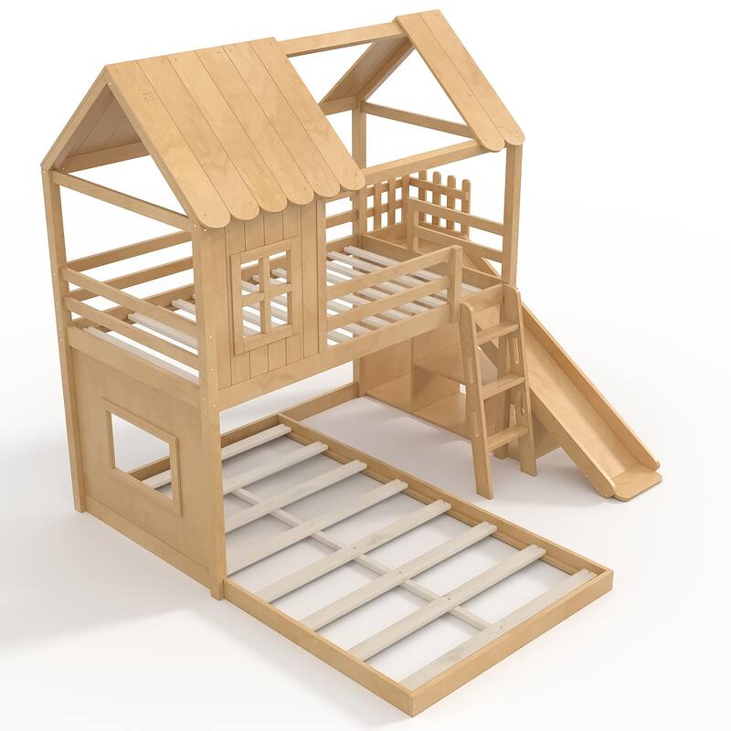Twin over Full House Bunk Bed with Ladders and Slides, House Floor Bunk Bed with Storage Shelves and Wardrobe