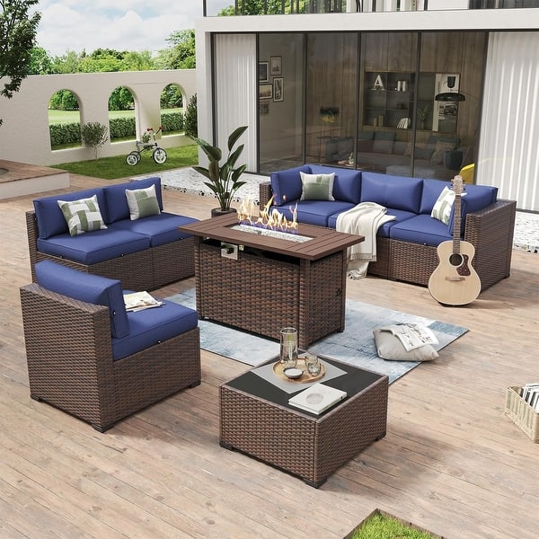AOXUN Patio Furniture Set Wicker Rattan Conversation Set - 8 pcs - Brown-Blue