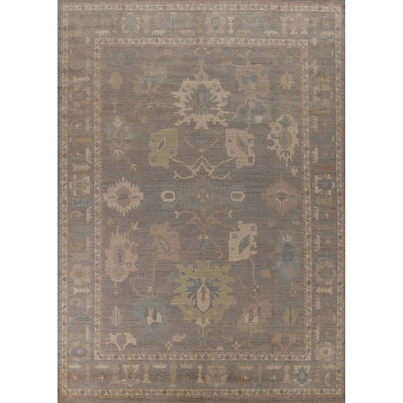 Hand Knotted Oriental 100% Wool Carpet Transitional All-Over Greys & Charcoal Oushak Area Rug - 12' 0'' X 9' 1''