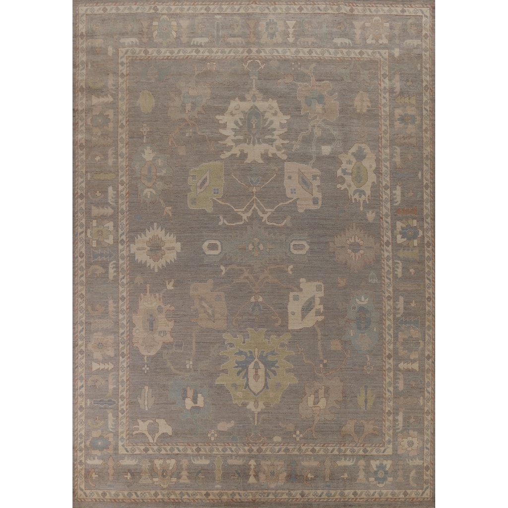 Hand Knotted Oriental 100% Wool Carpet Transitional All-Over Greys & Charcoal Oushak Area Rug - 12' 0'' X 9' 1''