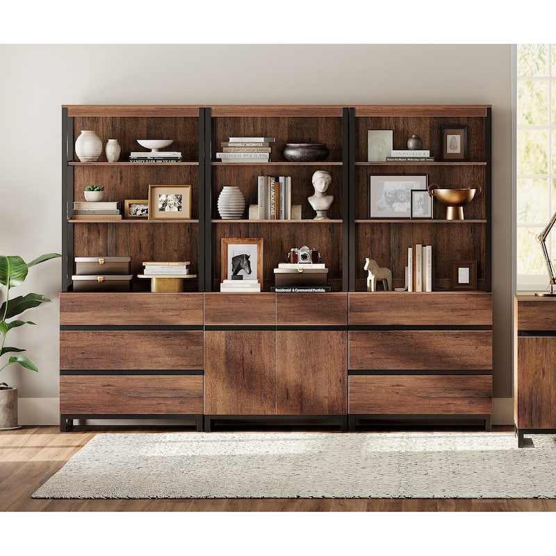 WAMPAT 3-Piece Modern 72" Tall Bookcase with 6 Drawers and Adjustable Shelves