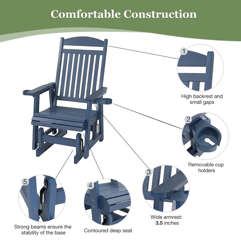 Poly Lumber Patio Glider for One Person with Cup Holders, HIPS Material, All-Weather Resistant