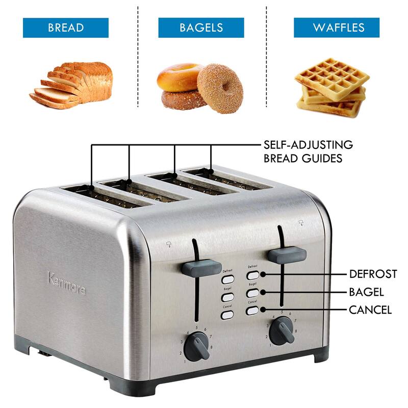 Kenmore 4-Slice Stainless Steel Toaster, Dual Controls, Wide Slot