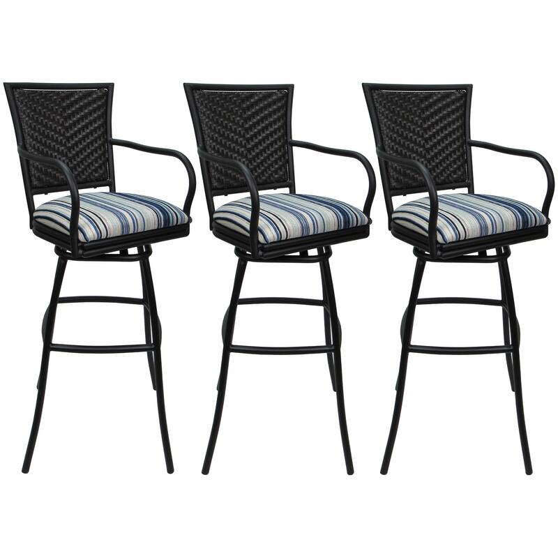 Set of 3 Outdoor Indoor Bar Stool Counter, Extra Tall - Erin with Arms - Driftwood Blues - Black - Counter Height