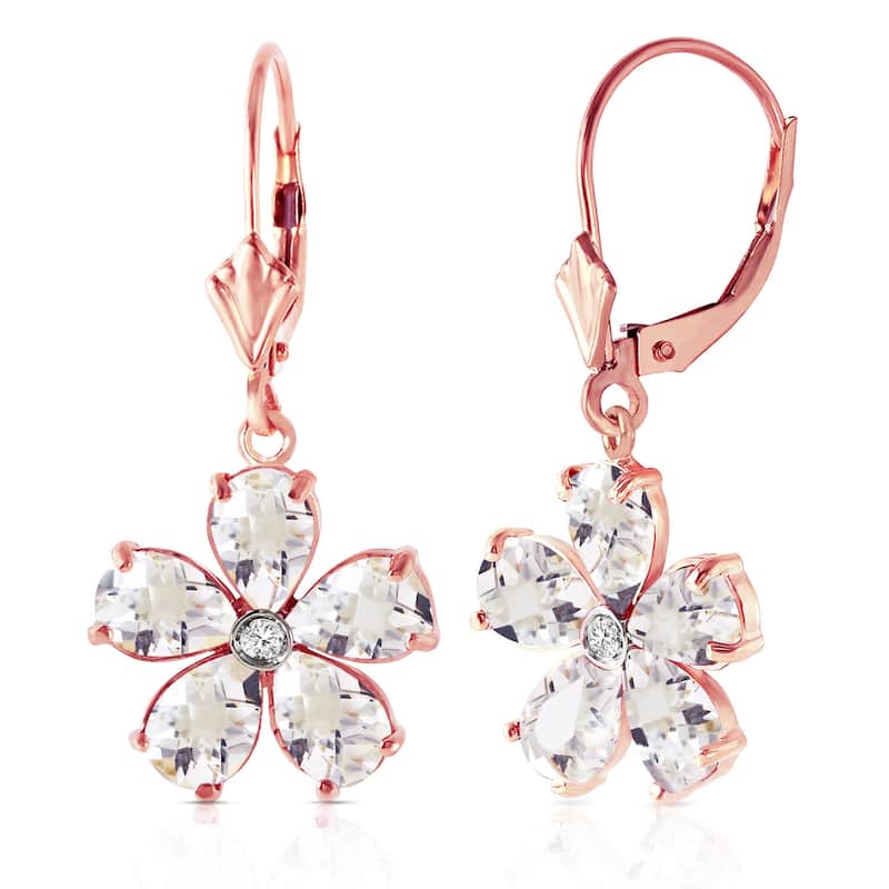 14K Solid Gold Leverback Gemstone Earrings w/ Rose Topaz & Diamond - Rose