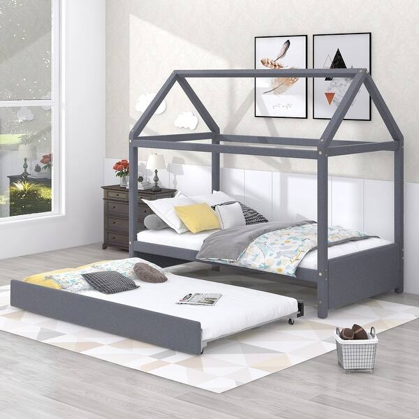 slide 2 of 9, Pine Wood+MDF+Upholstery Easy Assembly 2 Beds in 1 Twin Size House Platform Bed with Trundle. Grey