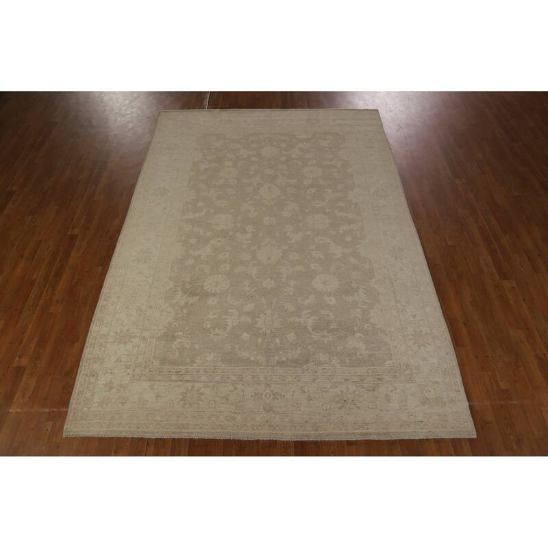 Hand Knotted Oriental 100% Wool Carpet Transitional All-Over Brown Oushak Area Rug - 9' 8'' X 6' 8''