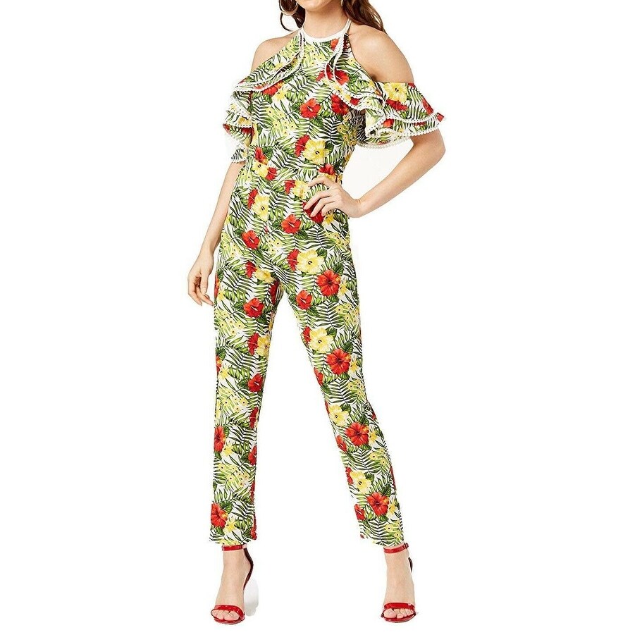 green cold shoulder jumpsuit
