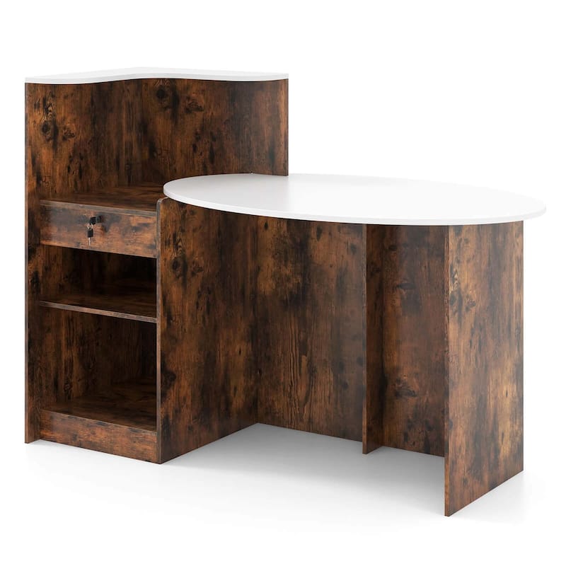 L Shaped Retail Counter Reception Desk Front Counter Desk - White + Rustic Brown
