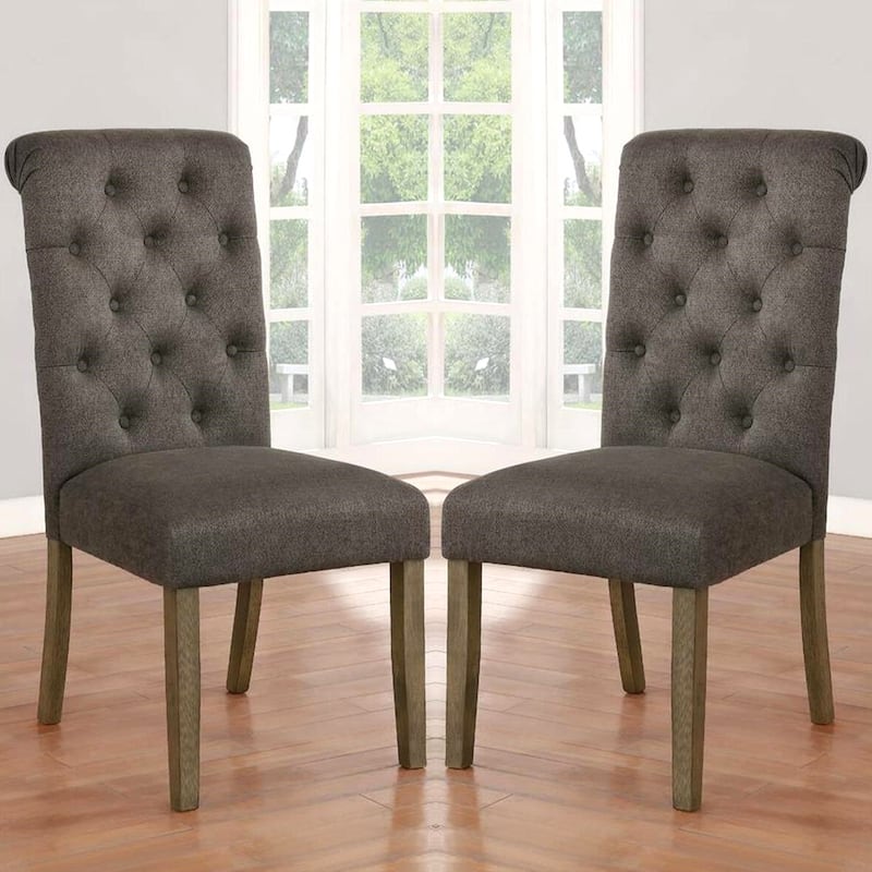 Decorative Grey Rolled Back Button Tufted Dining Chairs (Set of 2)