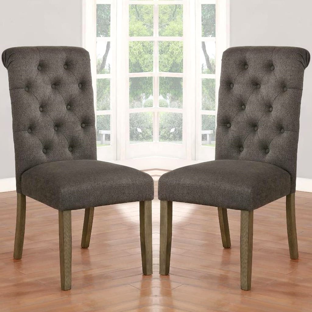 Decorative Grey Rolled Back Button Tufted Dining Chairs (Set of 2)