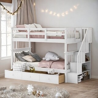 Twin-Over-Twin Bunk Bed with 3 Drawers and Stairway