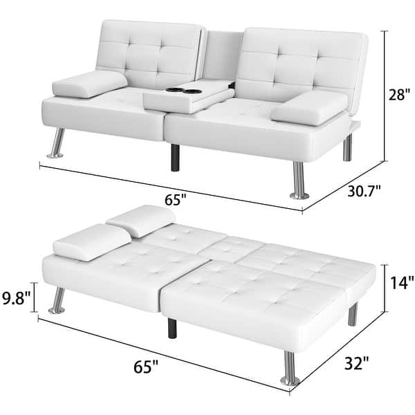 dimension image slide 1 of 4, Homall Futon Sofa Bed Convertible Lounge Couch Sofa with Cupholders & Pillows