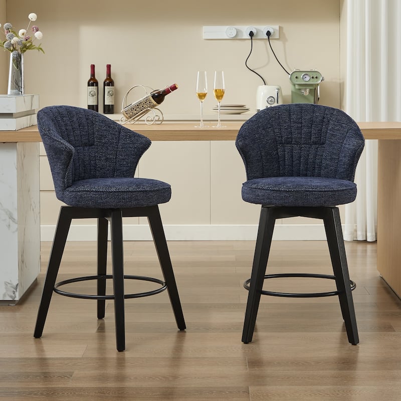 Chenille Upholstery Wing Back Swivel Bar Stools w/ Wood Legs(Set of 2)