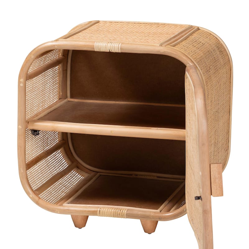 Keita Bohemian Natural Rattan and Mahogany Wood Nightstand