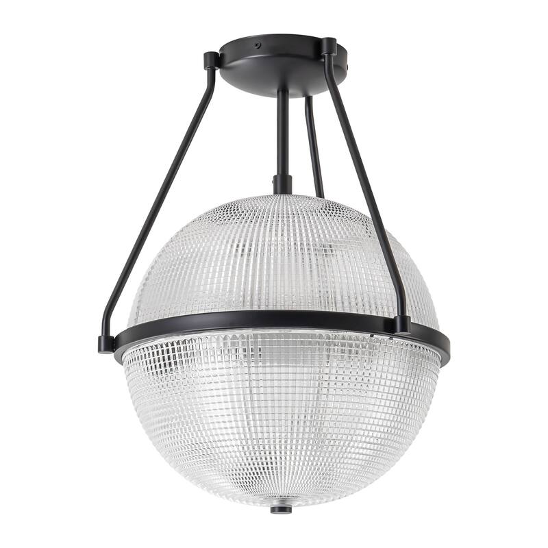 3-Light Mid-Century Modern Grid Textured Glass Globe Bubble Semi-Flush Mount Light for Dining Room - 13.7 in. W x 17.1 in. H