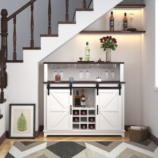 White Sliding Door Coffee Bar Cabinet Sideboard with Wine Bottle Rack