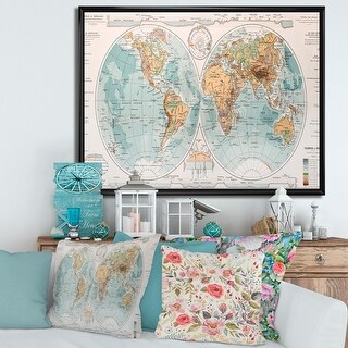 Designart "Ancient Map of The World II" Rustic Framed Canvas Wall Art ...