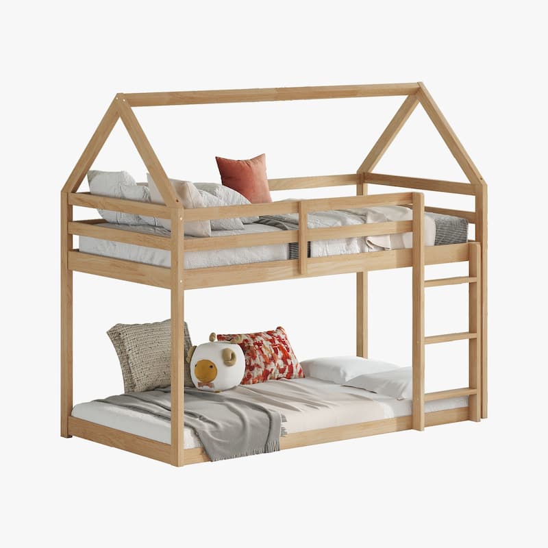 Twin over Twin Rubber Wood Floor Bunk Bed, with ladder,Guardrails,House-Shaped-Bunk Bed
