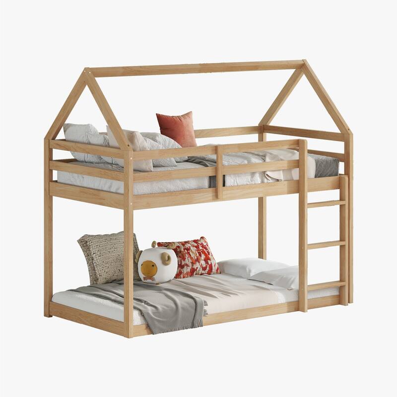 Wood Twin Size House Bed Solid Wood Low Floor Bunk Bed Frame with ladder, Guardrails