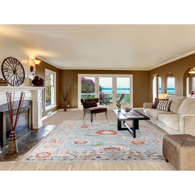 Light Blue Floral Oushak Area Rug Hand-Knotted Oriental Wool Carpet - 8'11"x 11'10"