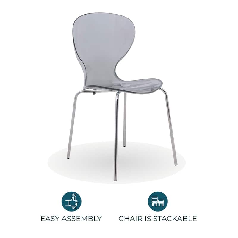 Oyster Modern Ergonomic Transparent Stackable Dining Side Chair with Chrome Steel Legs, Rounded Seat Edge for Indoor Outdoor Use