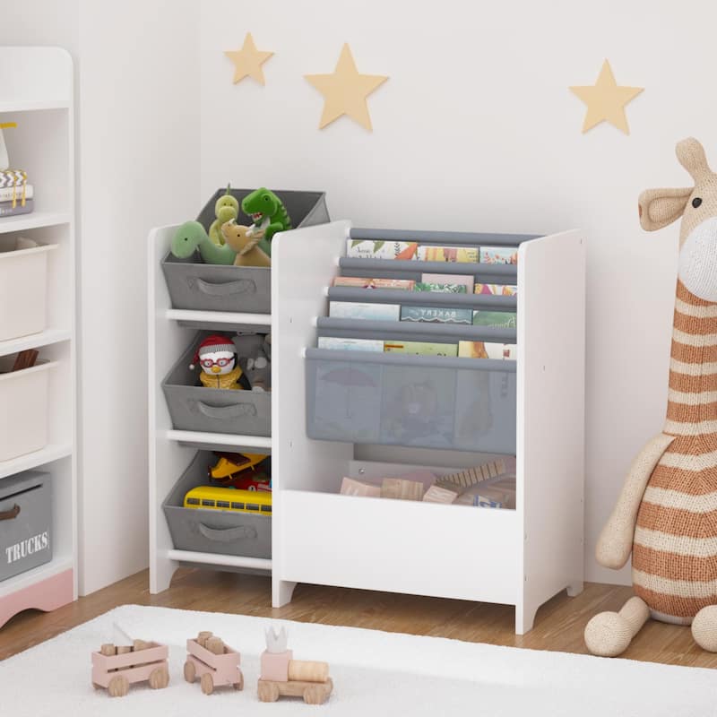 Kids Bookshelf and Toy Storage Organizer, Multifunctional 4 Tier Kids Book Shelf with 3 Collapsible Fabric Drawers