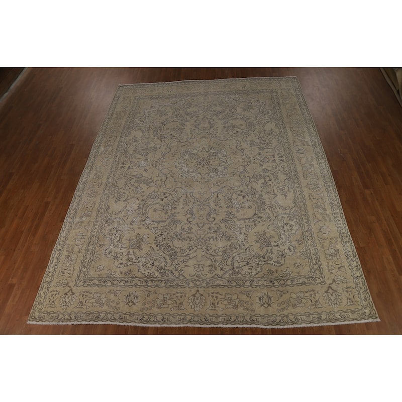 Floral Tabriz Persian Vintage Area Rug Handmade Beige Wool Carpet - 9'8" x 12'4"