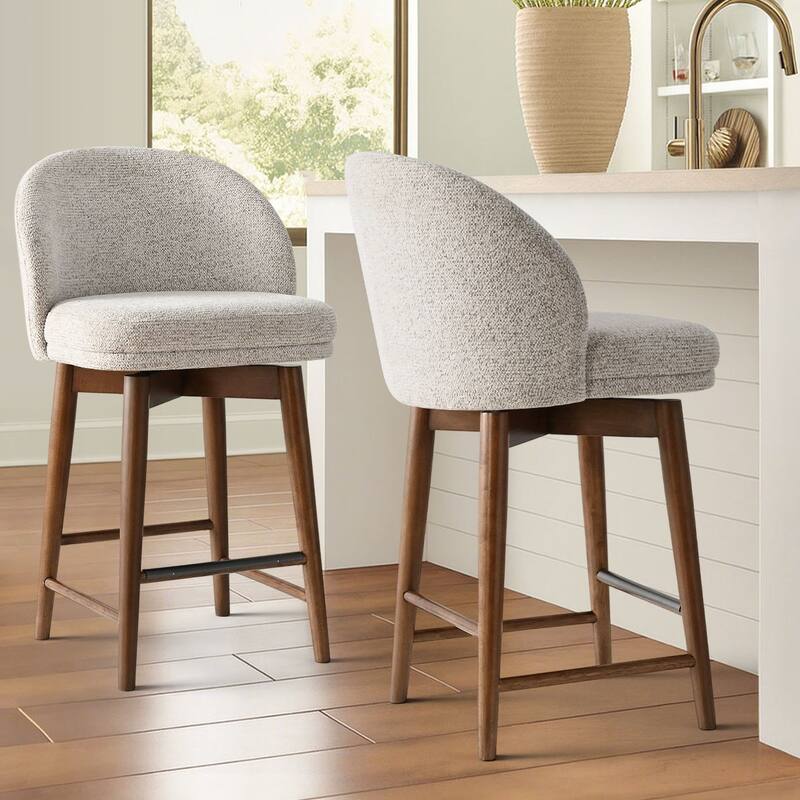 25.5" Swivel Upholstered Counter Stool Solid Wood Leg(Set of 2) - WALNUT-Beige