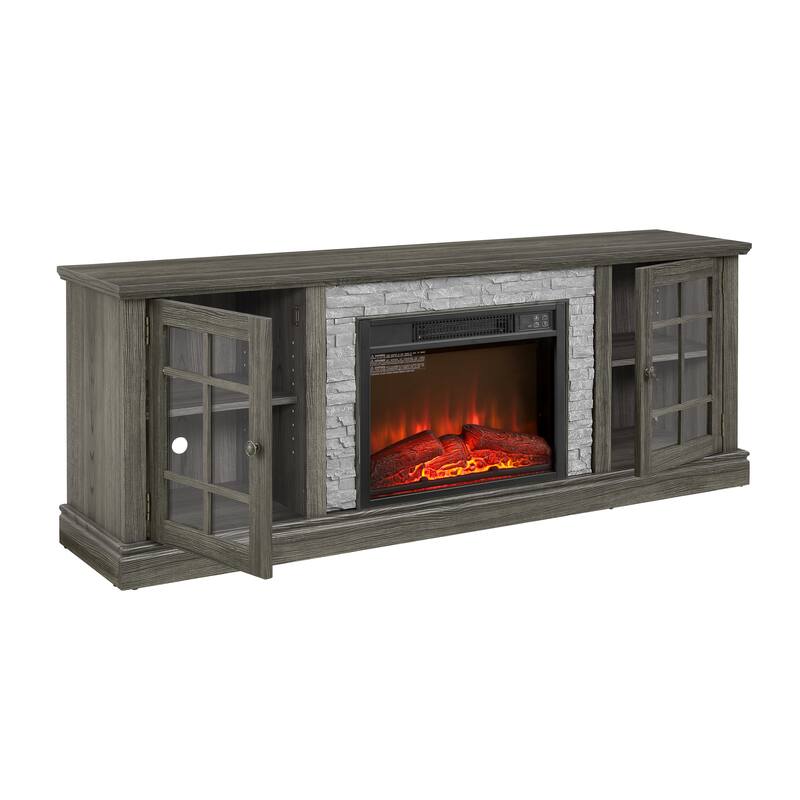 Fireplace TV Stand with 23" Electric Fireplace, Faux Stacked Stone Surround Media Cabinet TV Console for TVs up to 75"