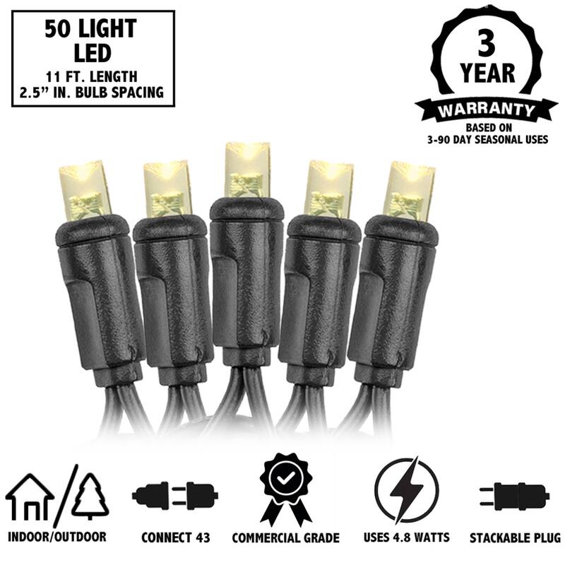 50 Light LED Christmas Mini Light Set, Patio Lights, Warm White, Black Wire, 11’
