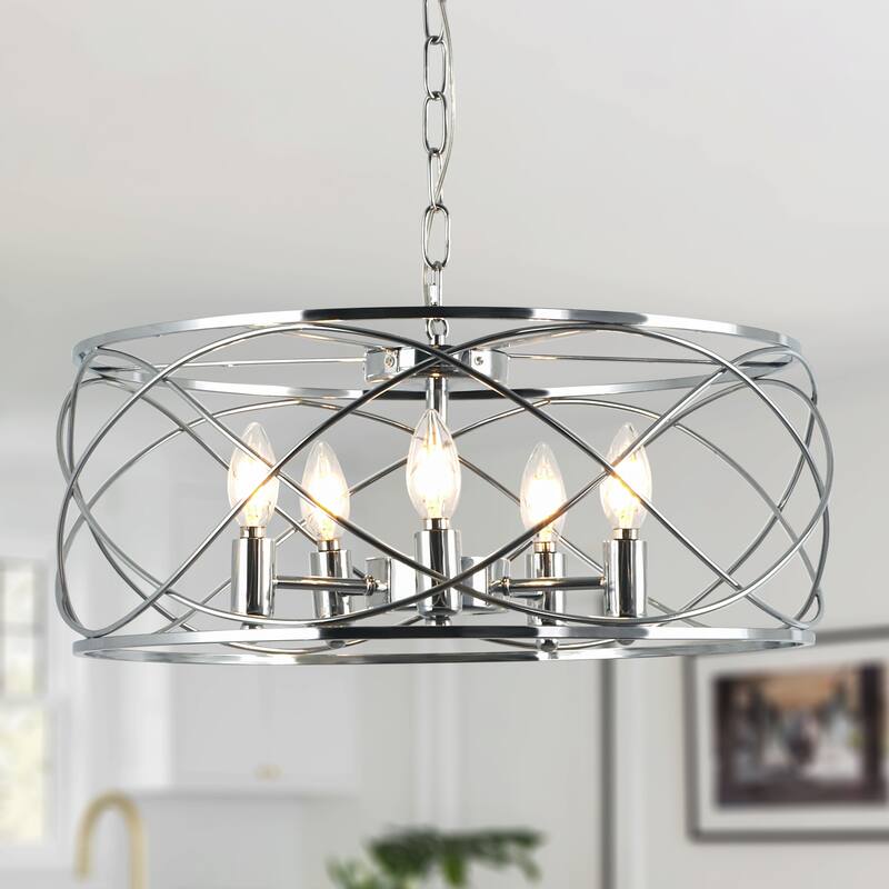 Bella Depot 20" Industrial Black Caged Dimmable Chandelier 5-Light Adjustable Pendant Light for Kitchen Island, Hallway - Silver
