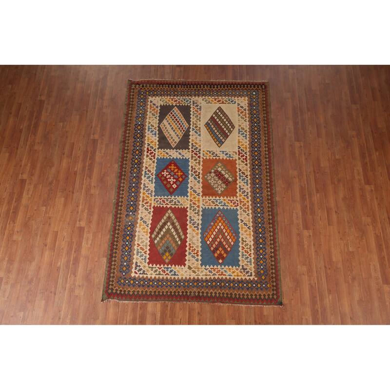 Kilim Qashqai Persian Vintage Rug Hand-Woven Beige Wool Carpet - 5'5"x 8'3"