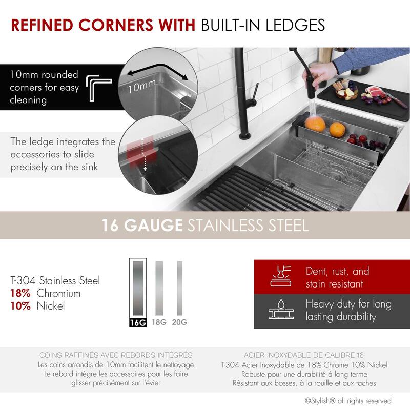 Stylish Versa36 Undermount 36" Double-Bowl Workstation Kitchen Sink - 36"x19"x10"