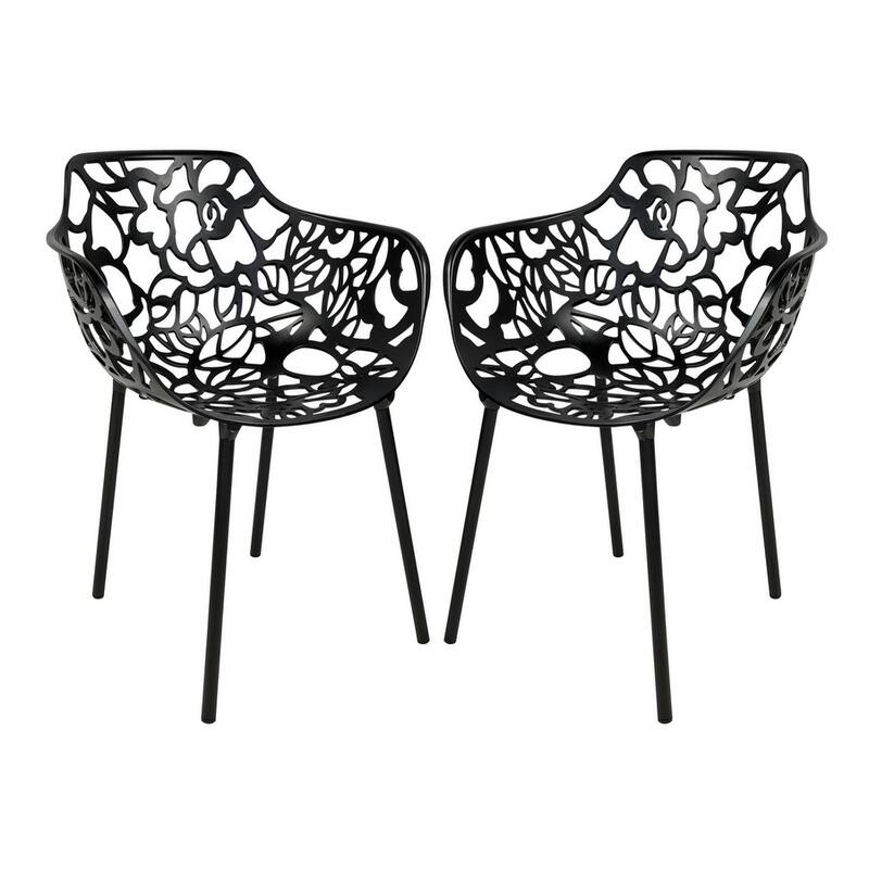 Devon Modern Floral Cutout Dining Chair with Integrated Armrest Stackable Aluminum Frame UV-Resistant Patio Chair Set of 2 - Black