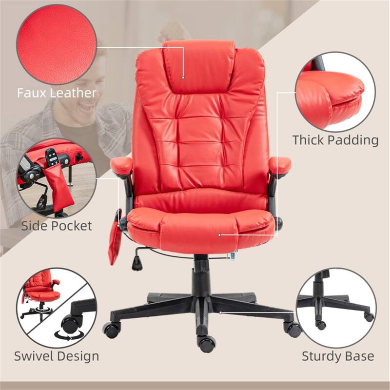 Red PU Leather Massage Office Chair with Heating Vibration and Adjustable Recline Swivel Base