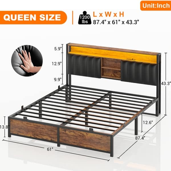 dimension image slide 4 of 10, Upholstered Bed Frame with Storage Shelving, Platform Beds with Charge Station and LED Lights