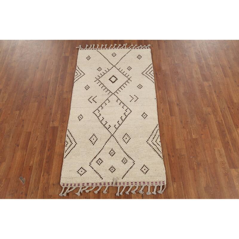 Ivory Geometric Moroccan Oriental Accent Rug Handmade Wool Carpet - 2'10"x 5'7"